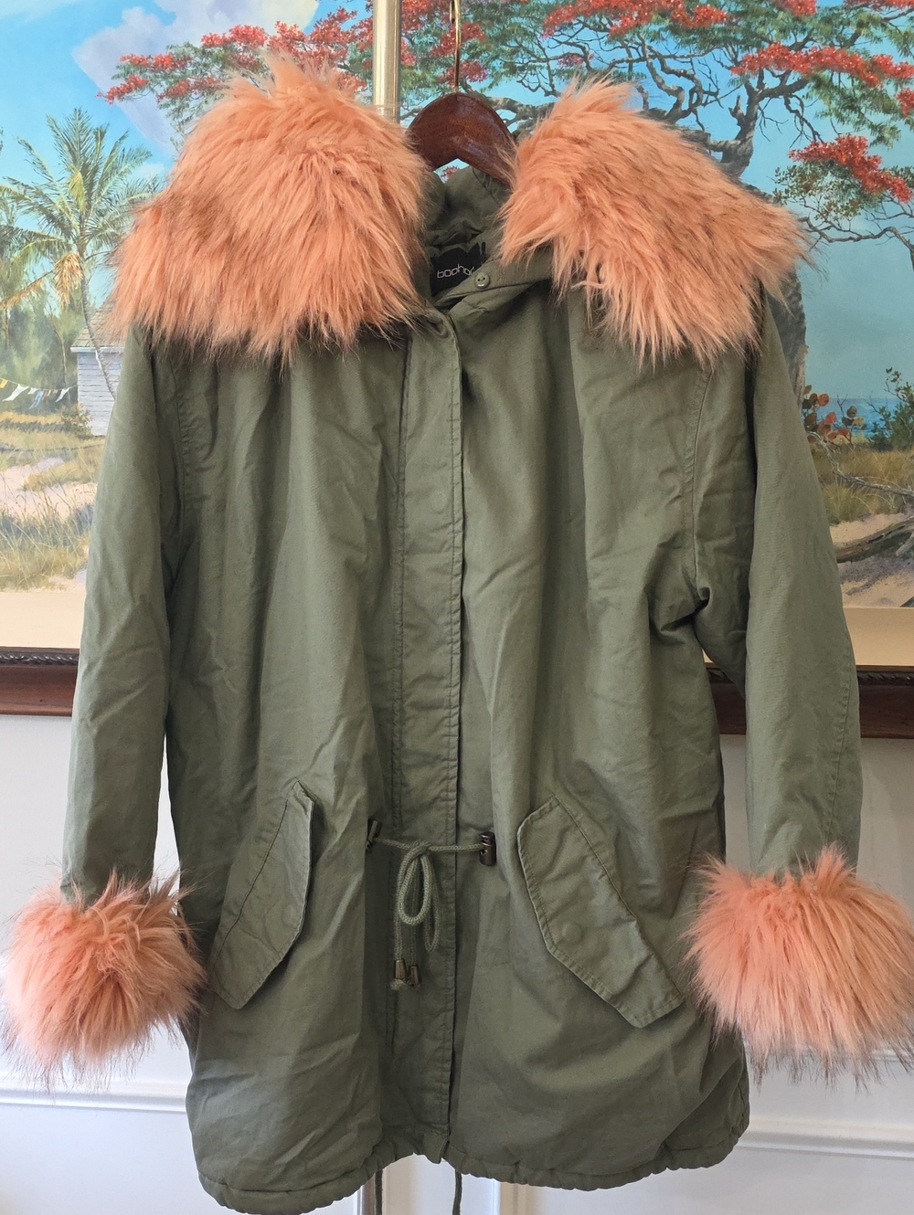 Boohoo Olive Green Utility Parka with Peach Faux-Fur Trim